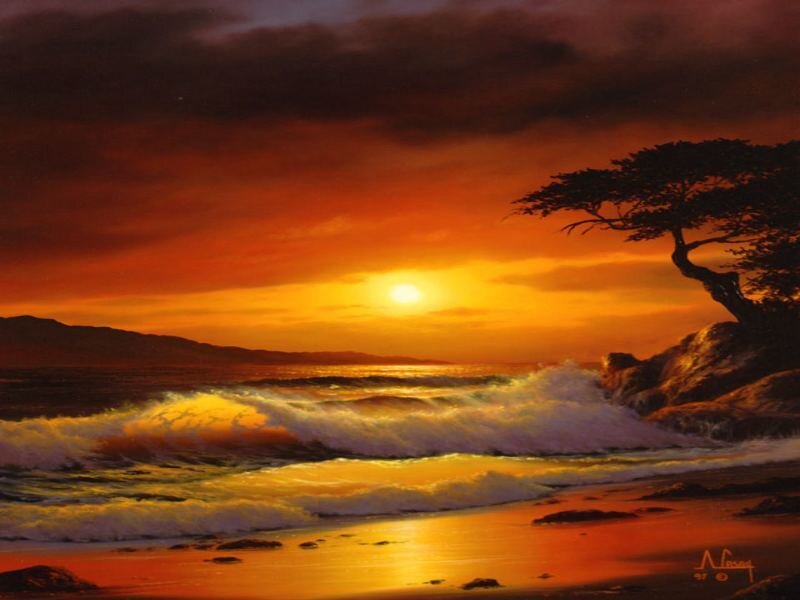 Sunset at Ocean Beach — Orange, Dramatic, Painting