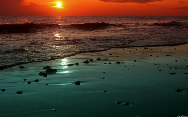 Sunset at Ocean Beach — Orange, Dramatic, Photograph, Waves
