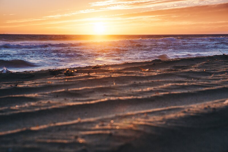 Sunset at Ocean Beach — Orange, Serene, Photograph, Sand, Sky