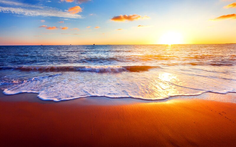 Sunset at Ocean Beach — Orange, Serene, Photograph, Sand