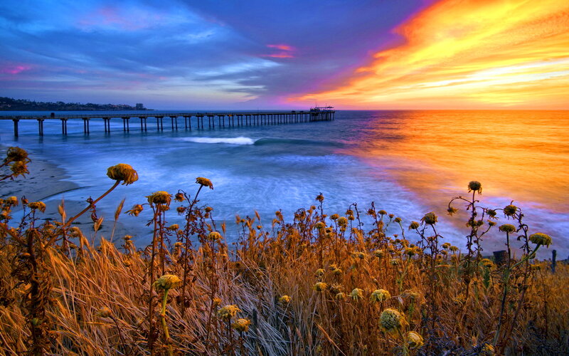 Sunset at Ocean Pier — Orange, Dramatic