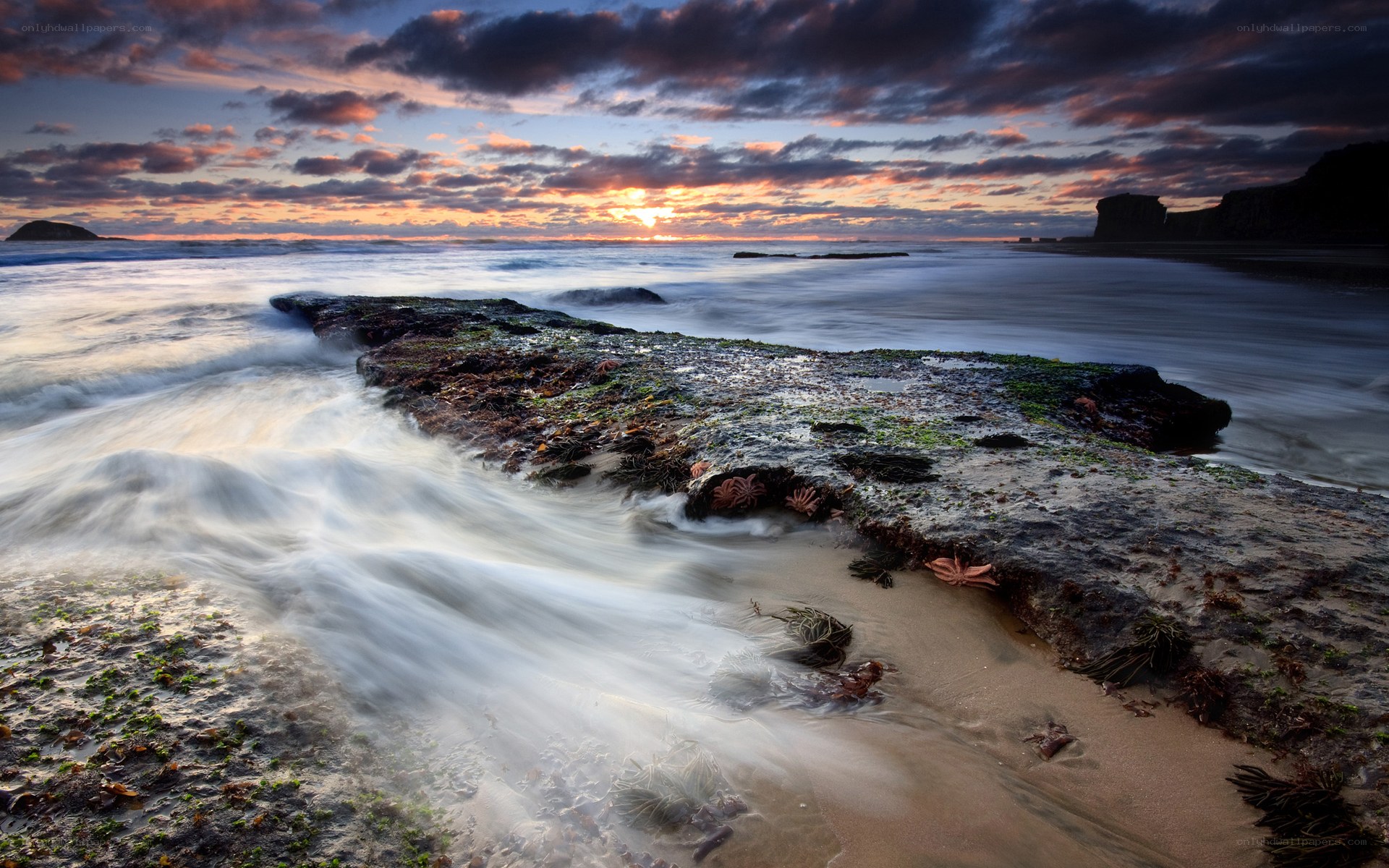 Sunset at rocky beach