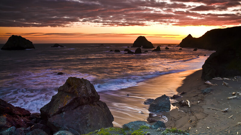 sunset at rocky beach