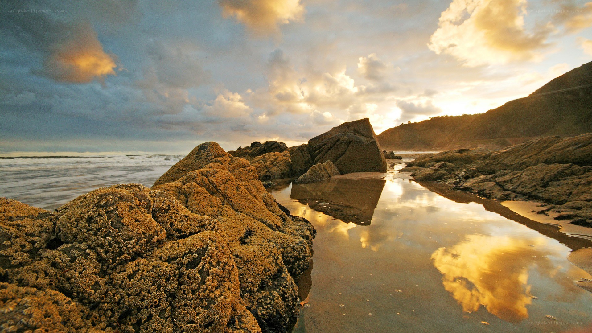 Sunset at rocky beach
