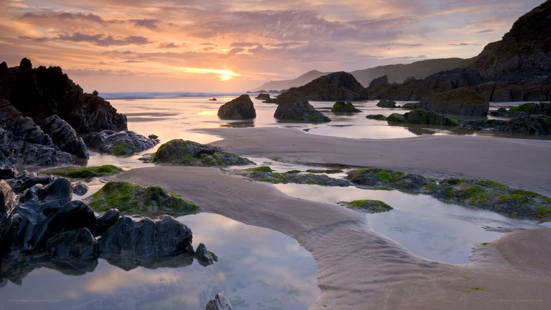 sunset at rocky beach