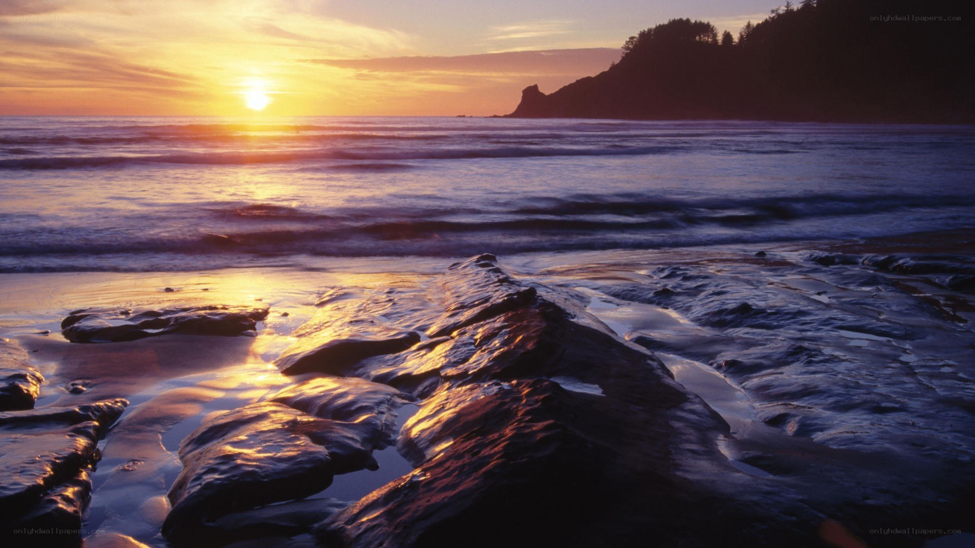 sunset at rocky beach