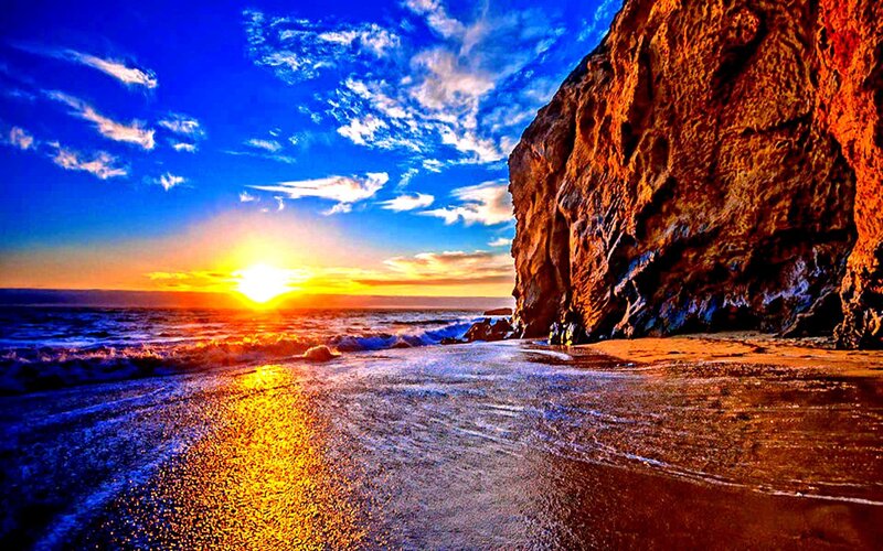 Sunset at Rocky Beach — Blue, Dramatic, Photograph, Ocean, Cliff