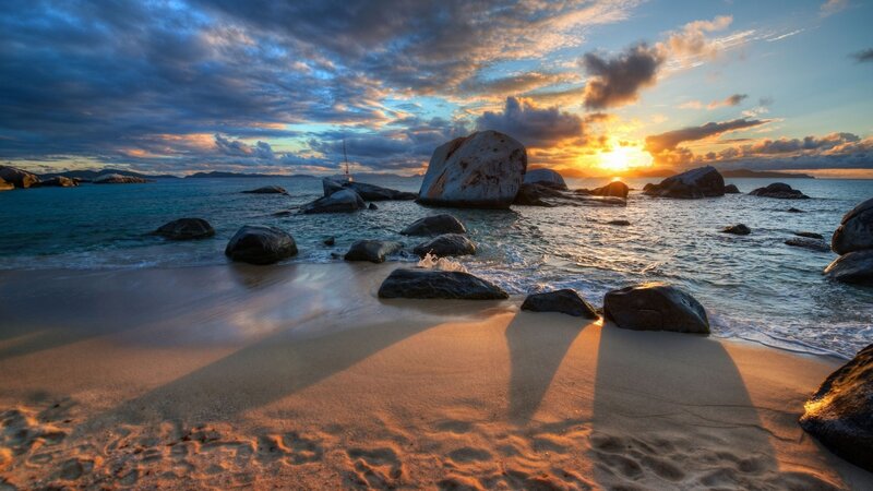 Sunset at Rocky Beach — Blue, Dramatic, Photograph, Rocks, Ocean, Sky, Boat