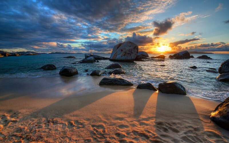 Sunset at Rocky Beach — Blue, Dramatic, Photograph, Rocks, Ocean, Sky, Sand
