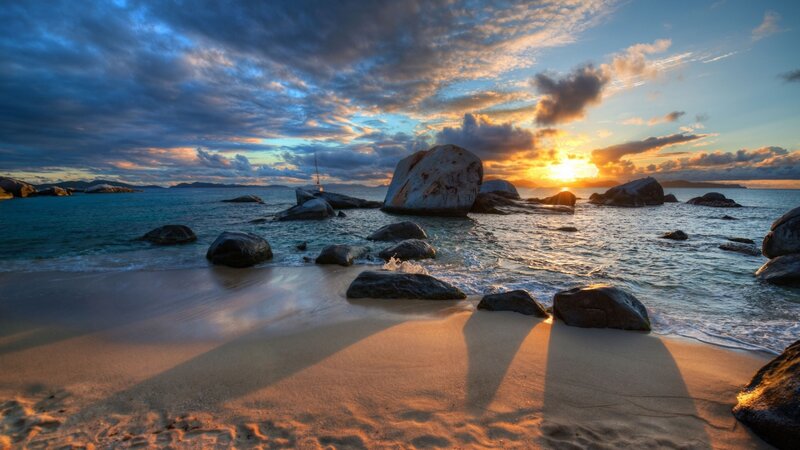 Sunset at Rocky Beach — Blue, Dramatic, Photograph, Rocks, Ocean, Sky