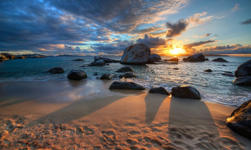 Sunset at Rocky Beach — Blue, Dramatic, Photograph, Rocks, Ocean