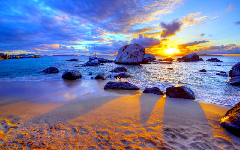 Sunset at Rocky Beach — Blue, Dramatic, Photograph, Rocks