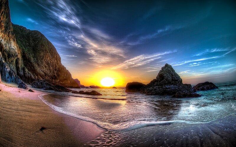 Sunset at Rocky Beach — Blue, Dramatic, Photograph, Sun