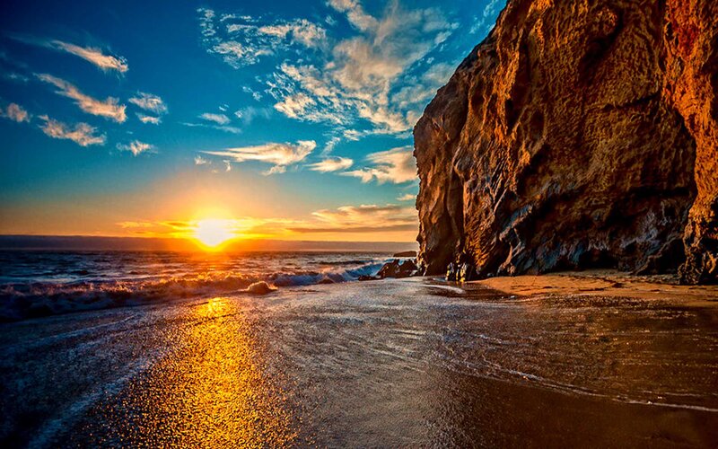 Sunset at Rocky Beach — Blue, Dramatic, Photograph