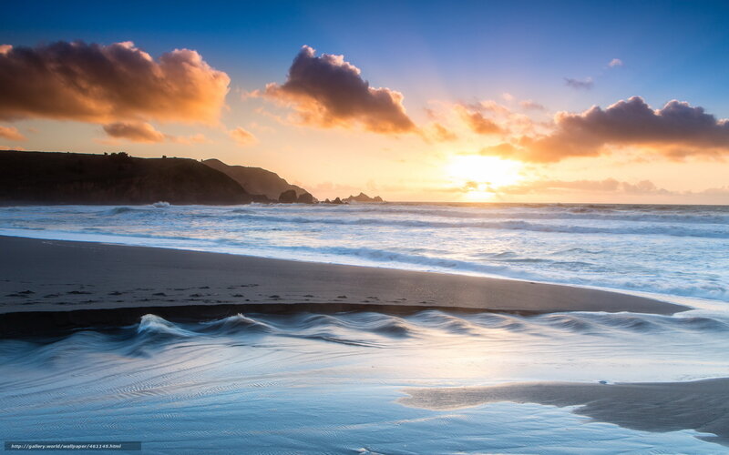 Sunset at Rocky Beach — Blue, Serene, Photograph, Ocean, Clouds, Cliffs