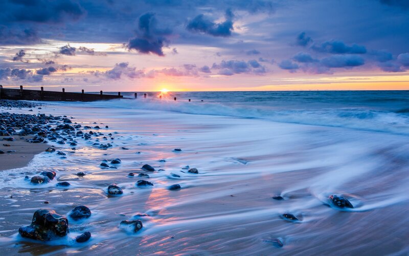 Sunset at Rocky Beach — Blue, Serene, Photograph, Ocean, Clouds