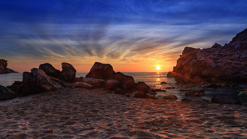 Sunset at Rocky Beach — Blue, Serene, Photograph, Rocks
