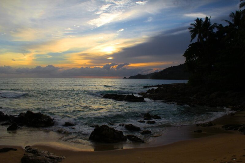 Sunset at Rocky Beach — Blue, Serene, Photograph