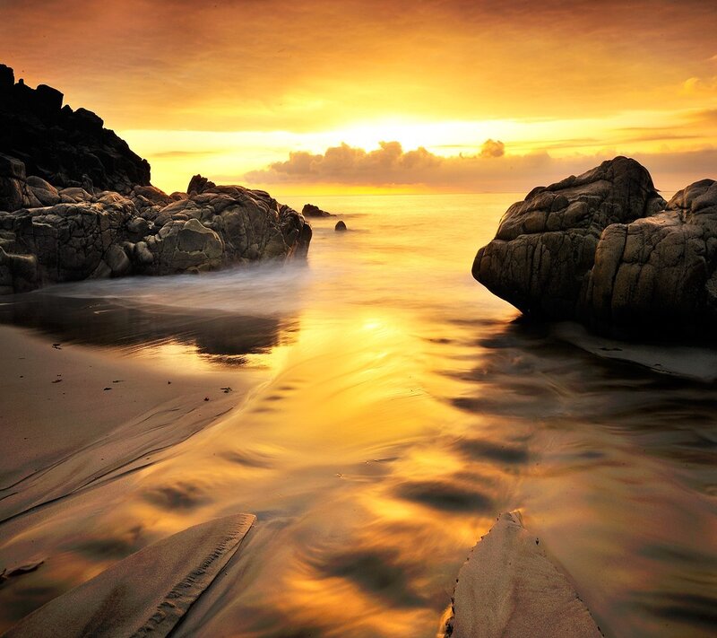 Sunset at Rocky Beach — Gold, Serene, Photograph, Rocks