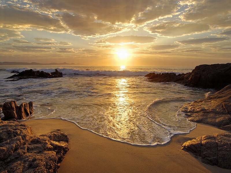 Sunset at Rocky Beach — Gold, Serene, Photograph