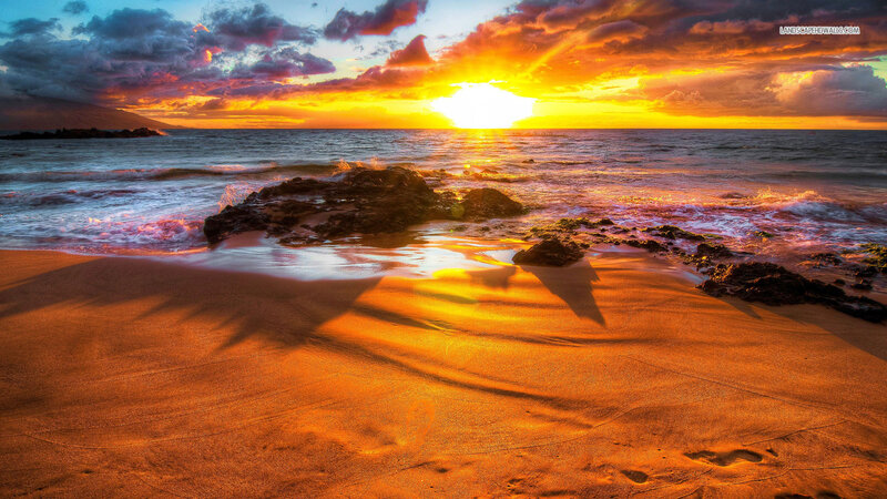 Sunset at Rocky Beach — Orange, Dramatic, Photograph, Ocean, Rocks, Clouds
