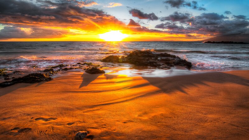 Sunset at Rocky Beach — Orange, Dramatic, Photograph, Ocean, Rocks