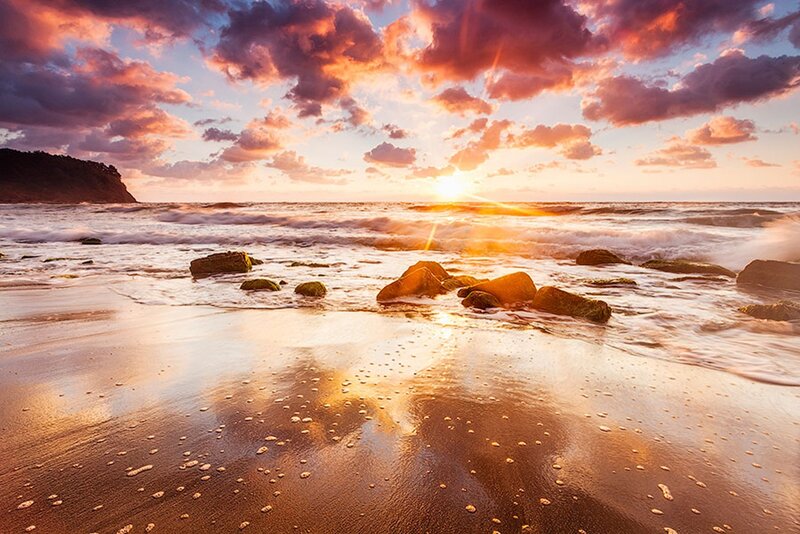 Sunset at Rocky Beach — Orange, Dramatic, Photograph, Ocean