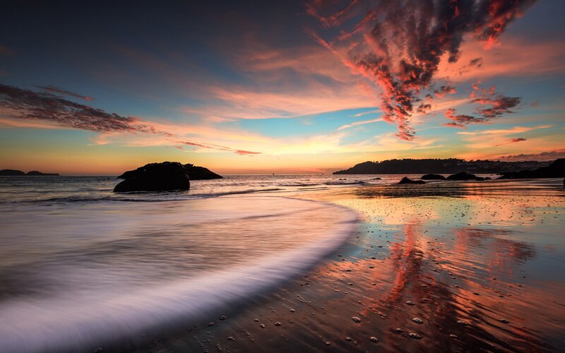 Sunset at Rocky Beach — Orange, Dramatic, Photograph, Rocks, Ocean, Sky