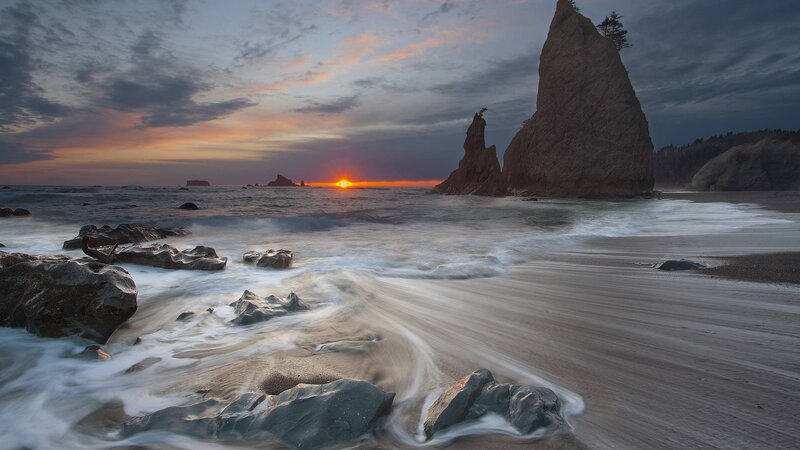 Sunset at Rocky Beach — Orange, Dramatic, Photograph, Rocks, Ocean