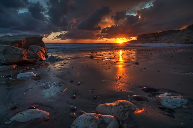 Sunset at Rocky Beach — Orange, Dramatic, Photograph, Rocks