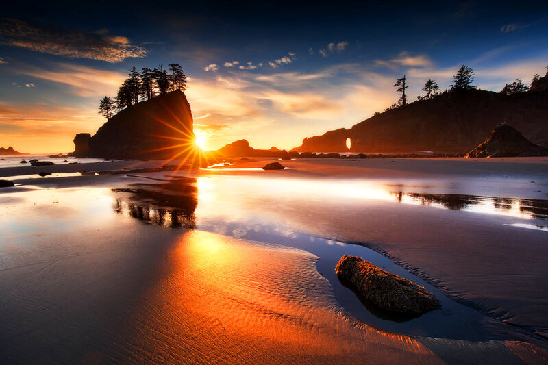 Sunset at Rocky Beach — Orange, Dramatic, Photograph, Rocks, Trees, Ocean