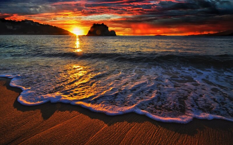 Sunset at Rocky Beach — Orange, Dramatic, Photograph, Sun, Ocean