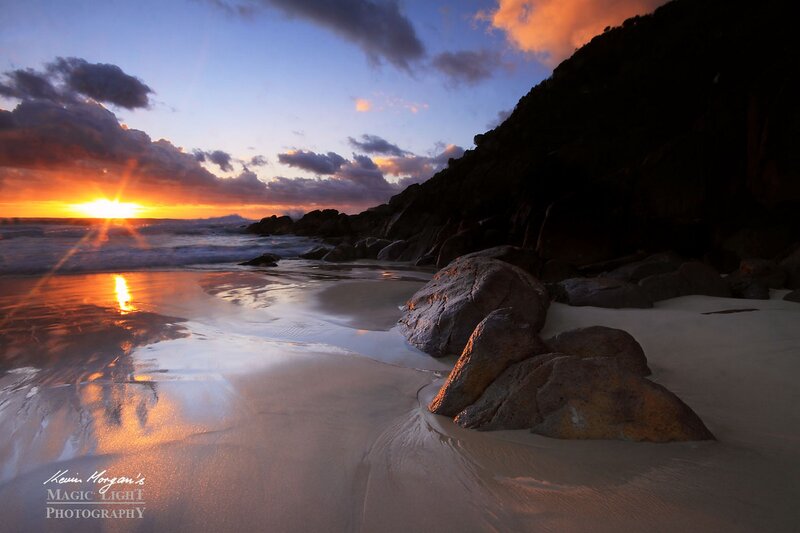 Sunset at Rocky Beach — Orange, Dramatic, Photograph, Sun
