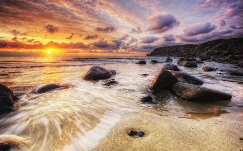 Sunset at Rocky Beach — Orange, Dramatic, Photograph