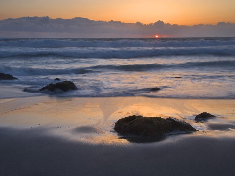 Sunset at Rocky Beach — Orange, Serene, Photograph, Ocean, Rocks, Clouds, Blue, Brown