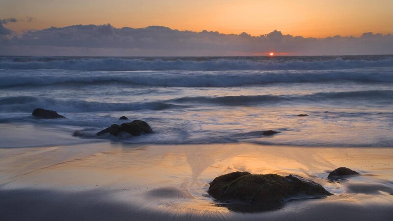 Sunset at Rocky Beach — Orange, Serene, Photograph, Ocean, Rocks, Clouds