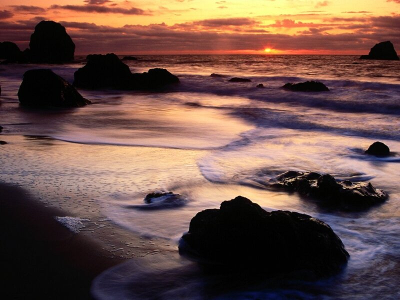 Sunset at Rocky Beach — Orange, Serene, Photograph, Rocks, Ocean, Sky