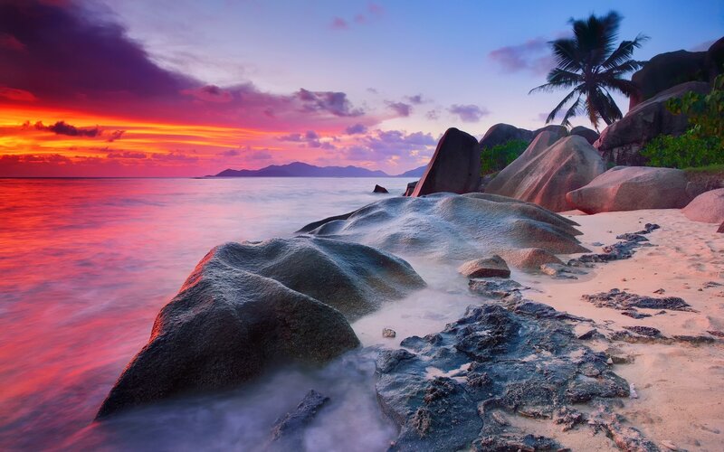 Sunset at Rocky Beach — Red, Dramatic, Photograph