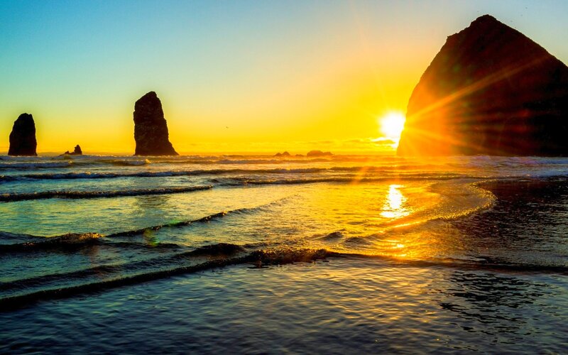 Sunset at Rocky Beach — Yellow, Serene