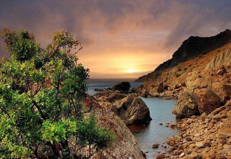 Sunset at rocky coastal cove