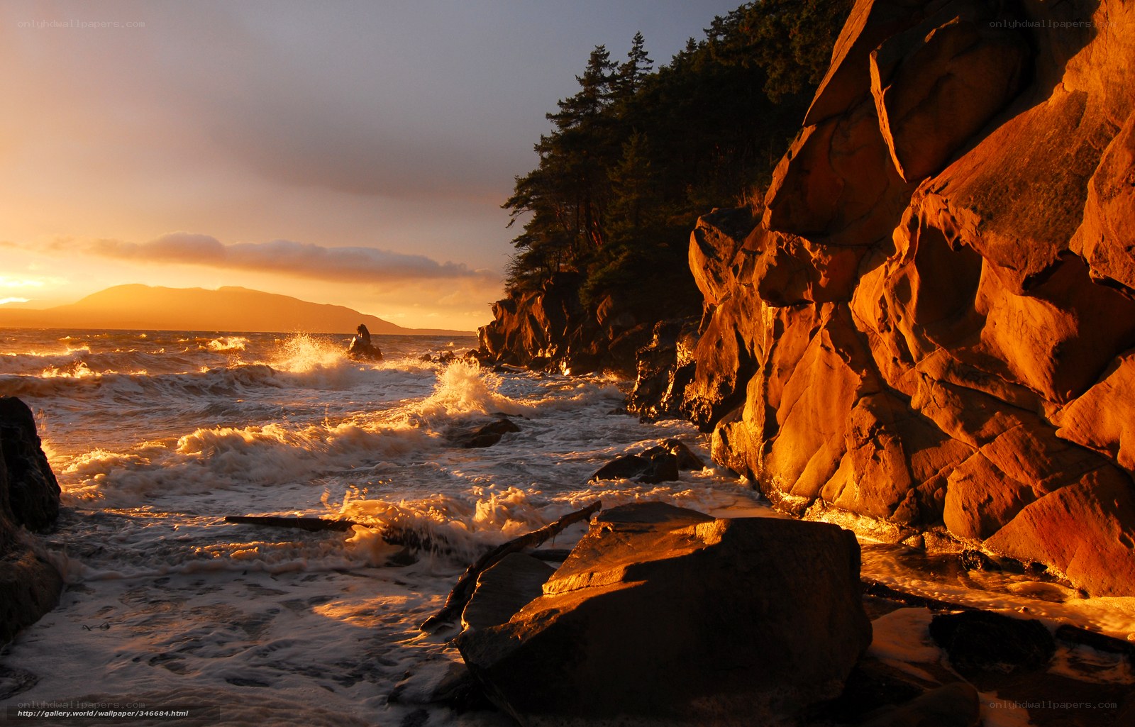Sunset at rocky coastline