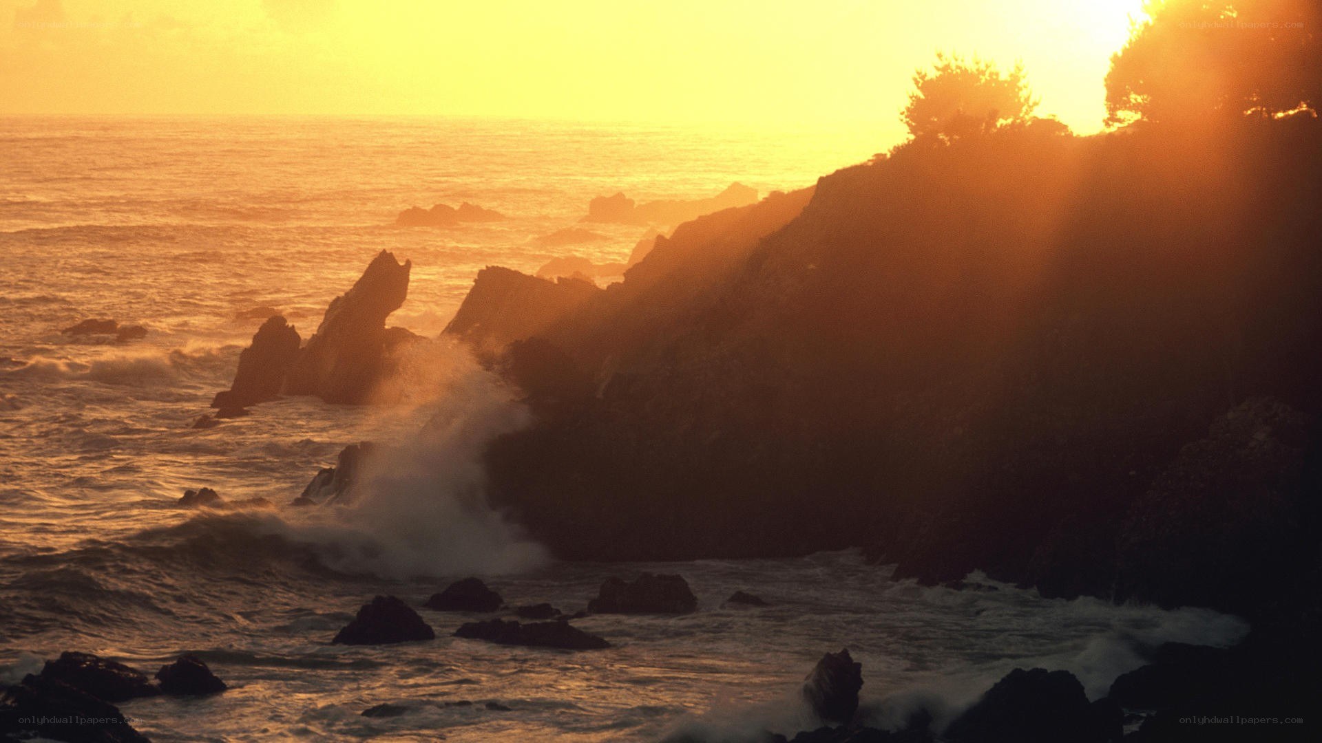 Sunset at rocky coastline