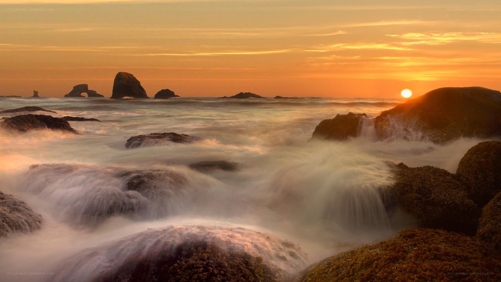 Sunset at rocky coastline
