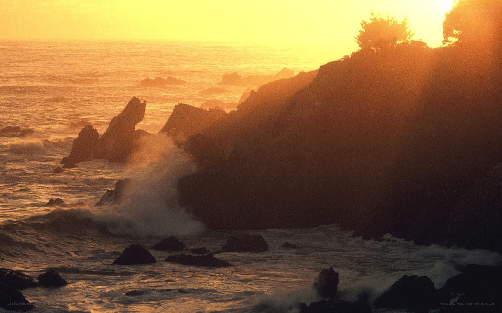 Sunset at rocky coastline