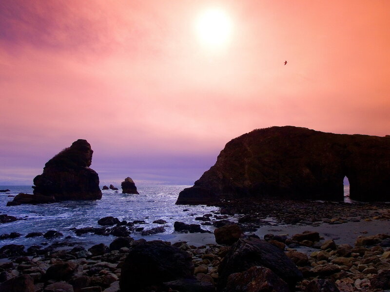 Sunset at rocky coastline