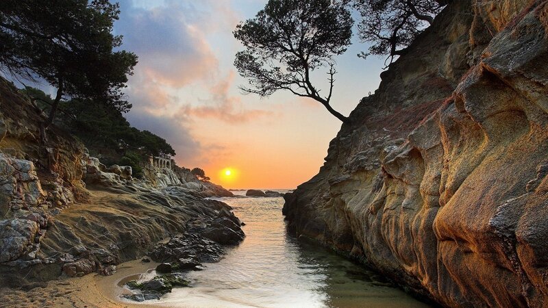 Sunset at Rocky Cove — Orange, Serene, Photograph