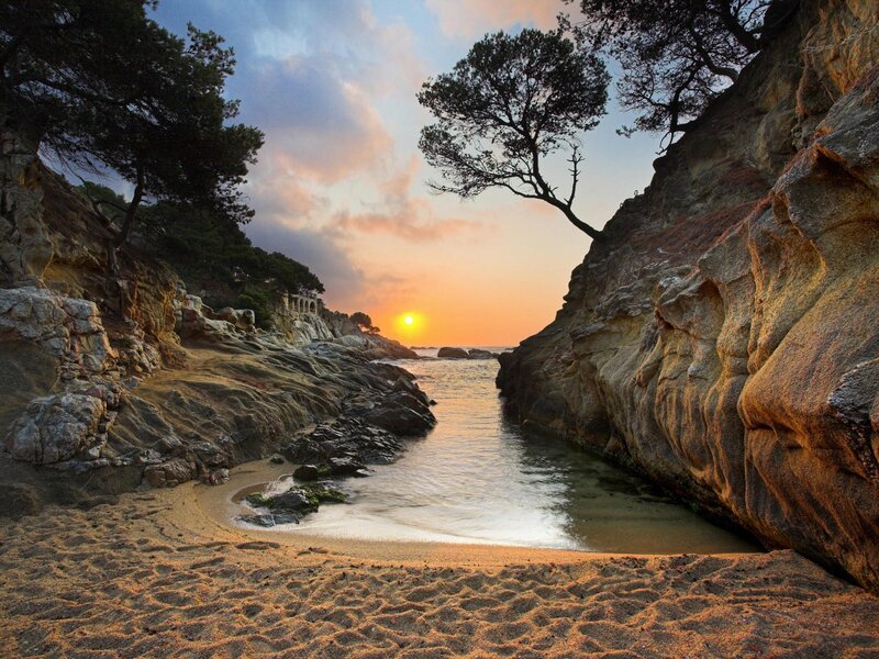 Sunset at Rocky Cove — Orange, Serene, Photograph, Trees, Rocks, Sand
