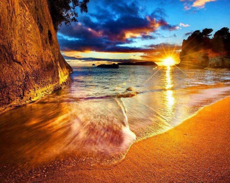 Sunset at Sandy Beach — Blue, Dramatic, Photograph