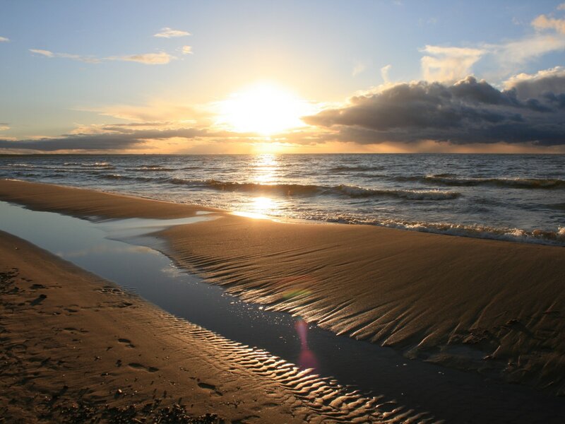 Sunset at Sandy Beach — Blue, Serene, Photograph, Ocean, Sand, Clouds