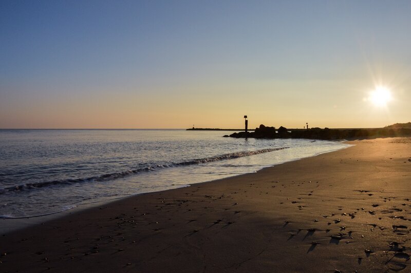 Sunset at Sandy Beach — Blue, Serene, Photograph, Ocean, Sun